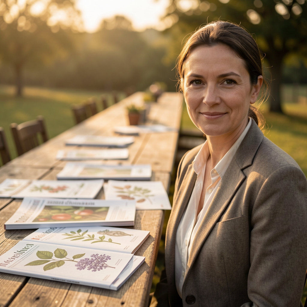 Panoramablick über einen langen Holztisch mit aufgefächerten ernährungswissenschaftlichen Fachzeitschriften, botanischen Illustrationen und einer Tasse Kaffee in warmem Morgenlicht
