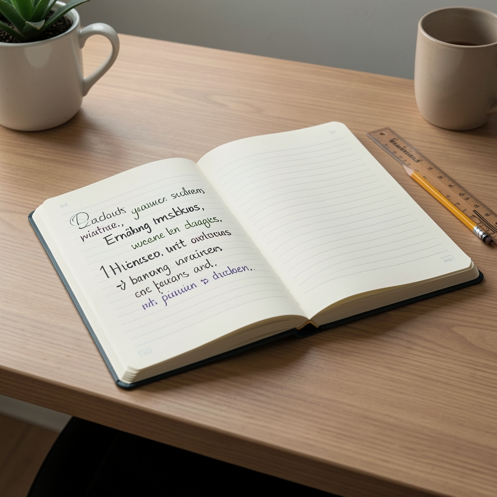 Schreibtisch mit einem aufgeschlagenen Notizbuch, auf dem handschriftliche Stichworte zu Ernährungsthemen stehen, daneben ein Lineal und Bleistift — sachliche Arbeitsatmosphäre