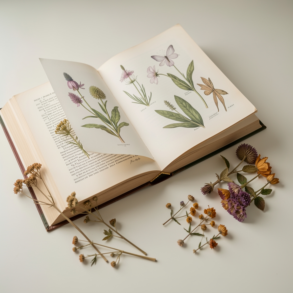 Stillleben mit aufgeschlagenem wissenschaftlichem Buch, botanischen Illustrationen und getrockneten Pflanzenproben auf einer hellen Tischfläche