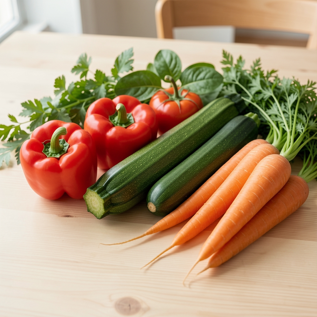 Nahaufnahme einer frischen bunten Gemüseauswahl auf einem hellen Holztisch – Paprika, Zucchini, Karotten und Kräuter in natürlichem Tageslicht