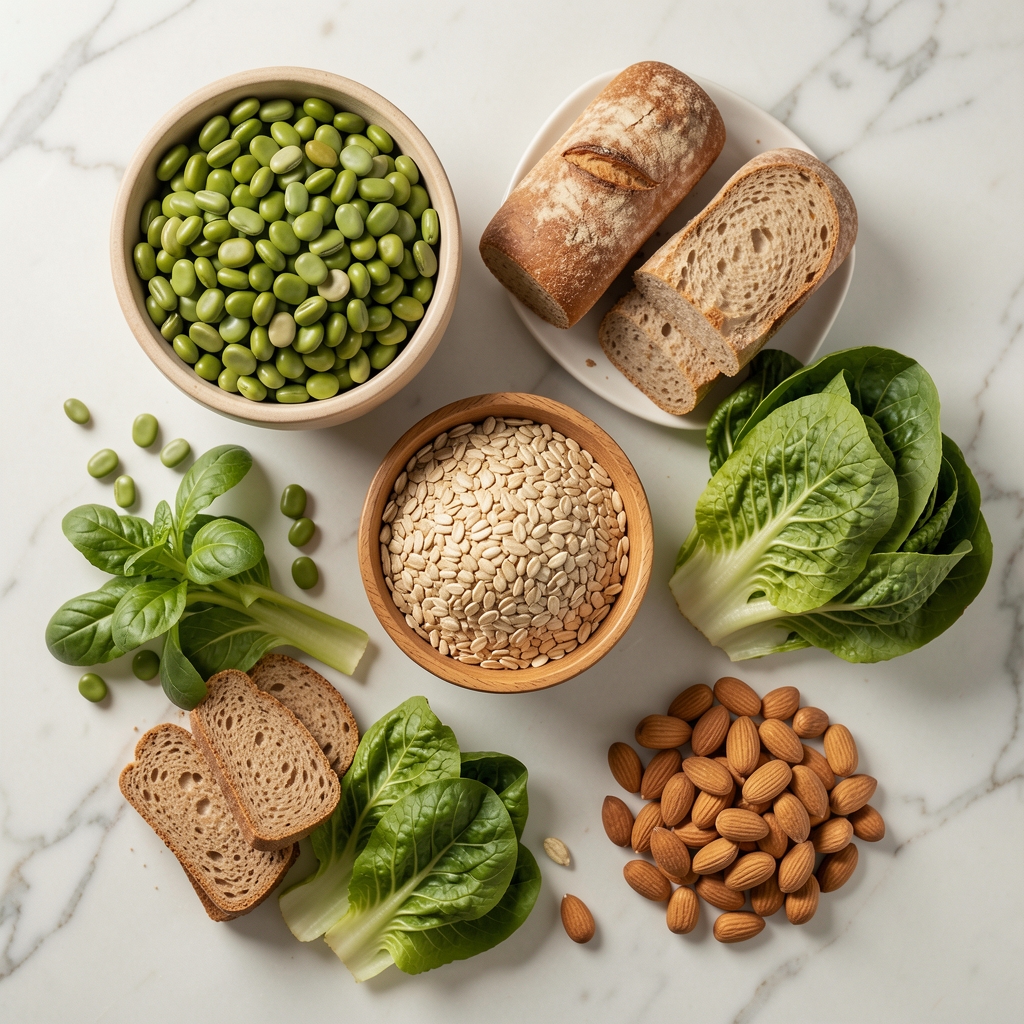 Draufsicht auf verschiedene frische pflanzliche Lebensmittel – Hülsenfrüchte, Vollkornprodukte, Blattgemüse und Nüsse auf einer hellen Marmoroberfläche